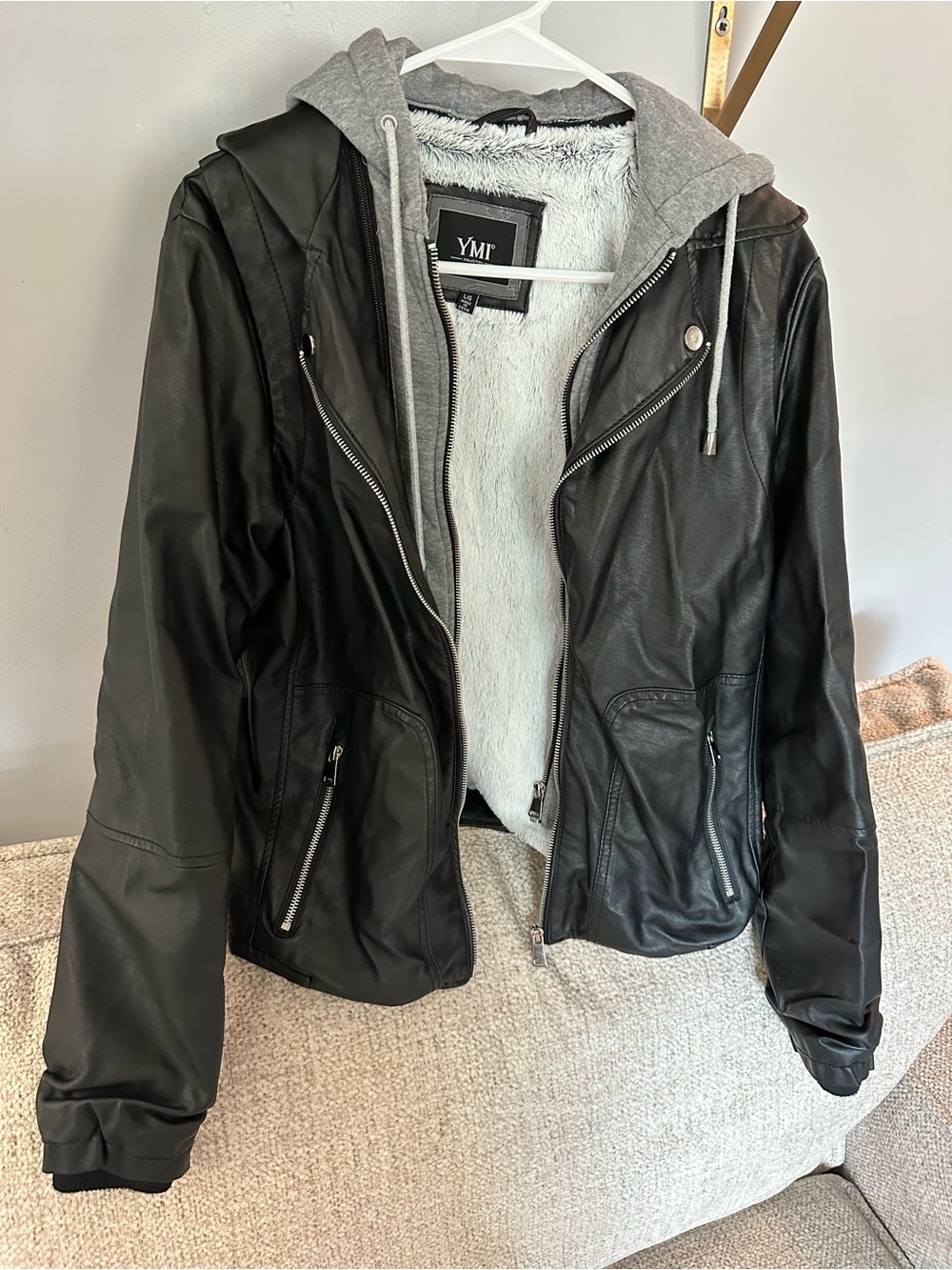 YMI Black Faux Leather Jacket with Gray Hood and Sherpa Lining